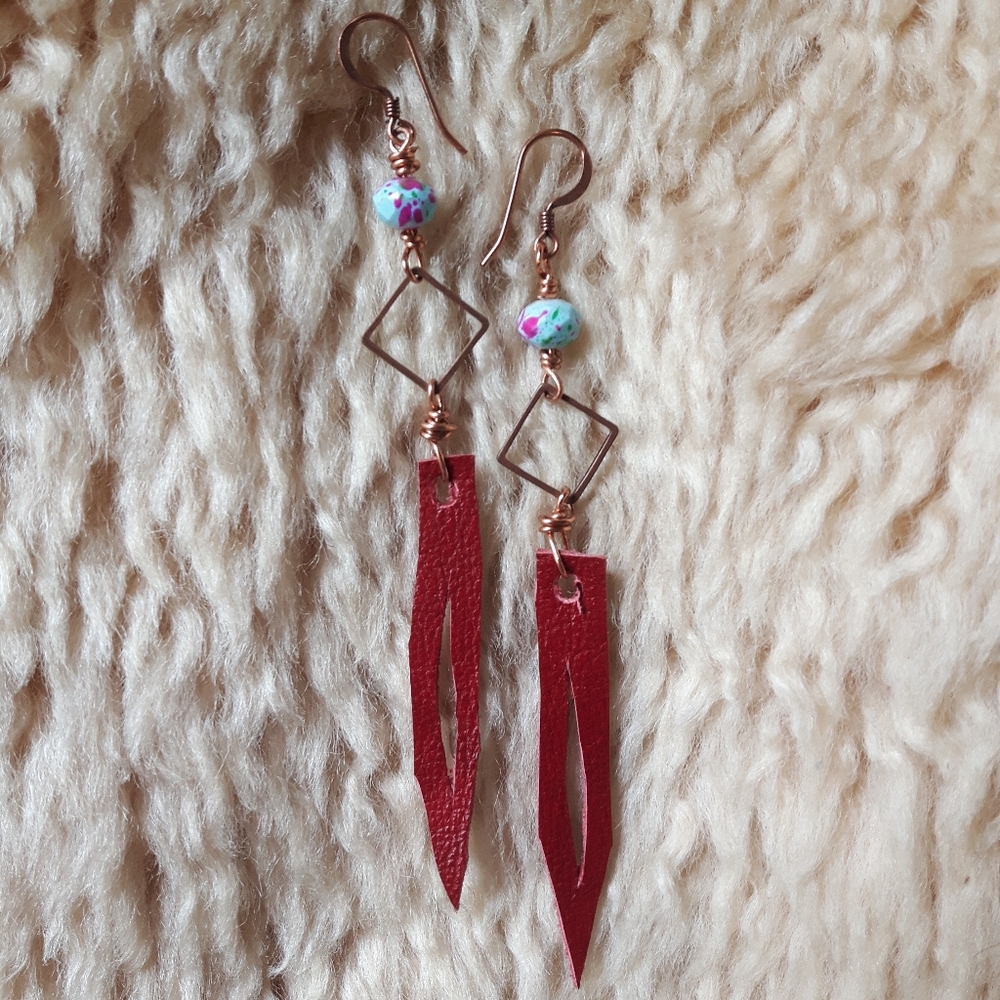 Red leather drop earrings